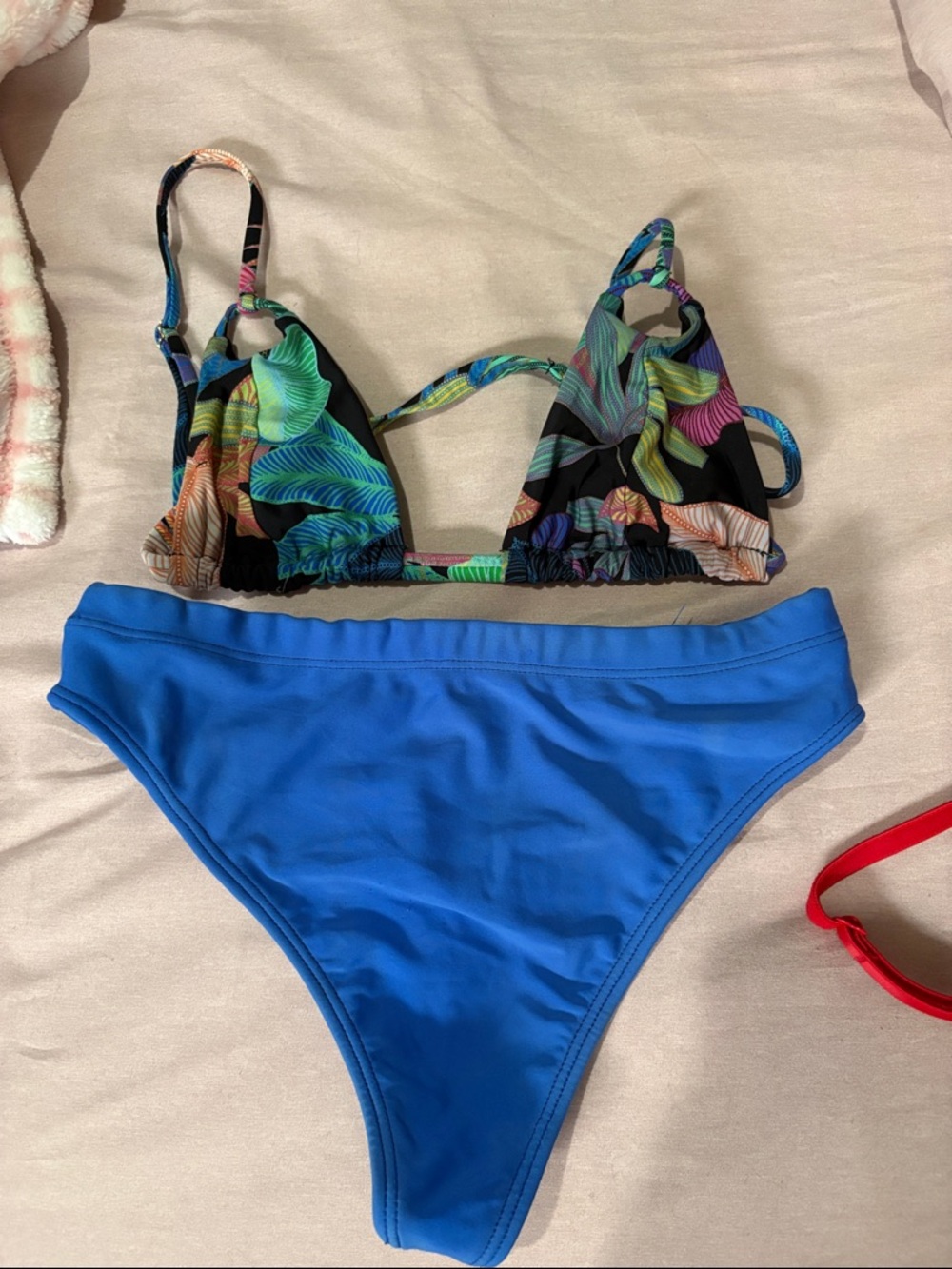 triangl swimwear Blue High-Waist Bottom with Tropical Multi-Color Triangle Top